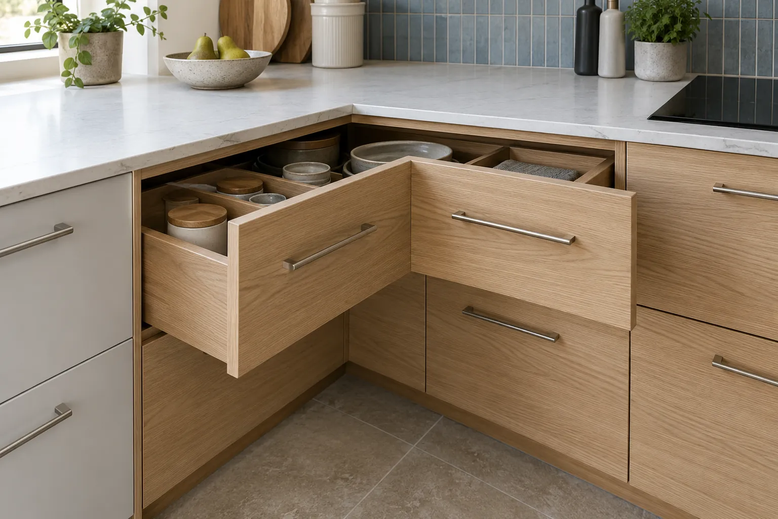 Open pale wood corner drawer with utensils below a white counter